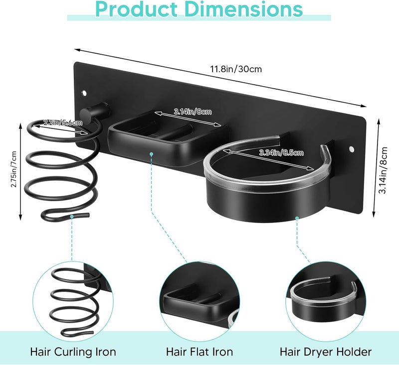Bensbl Hair Tool Organizer Wall Mount – Aluminum Hair Dryer Holder & Curling Iron Rack with Hooks, Space Saving Bathroom Hair Styling Tool Storage for Blow Dryer, Flat Iron, Curling Tools (Cylinder) - Image 3